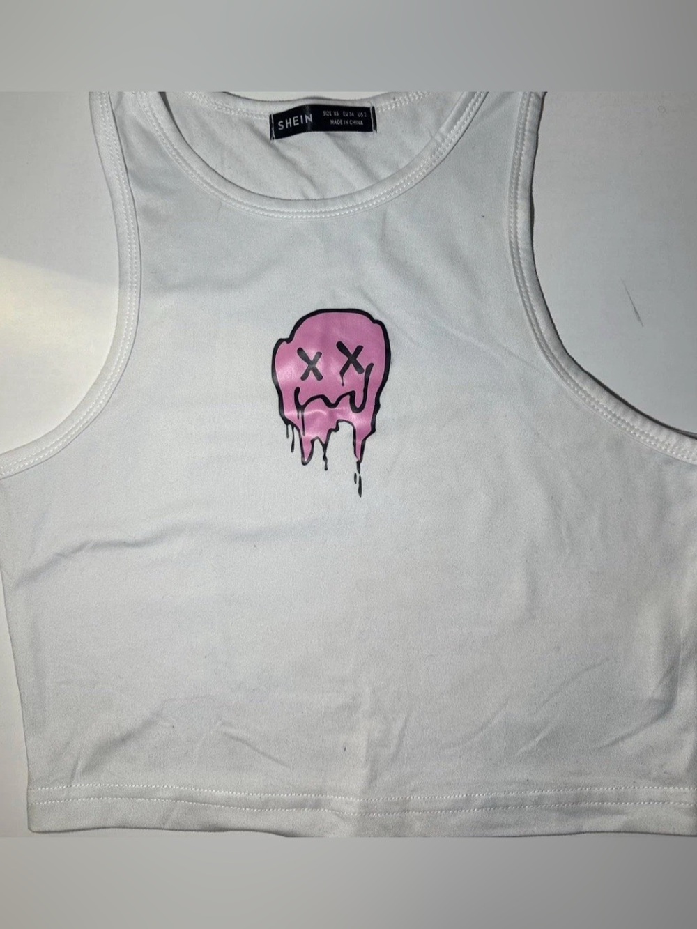 SHEIN White Cropped Tank with Pink Dripping Skull